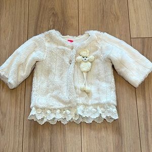 Mini Mini Mass White Faux Fur Jacket with Lace Trim